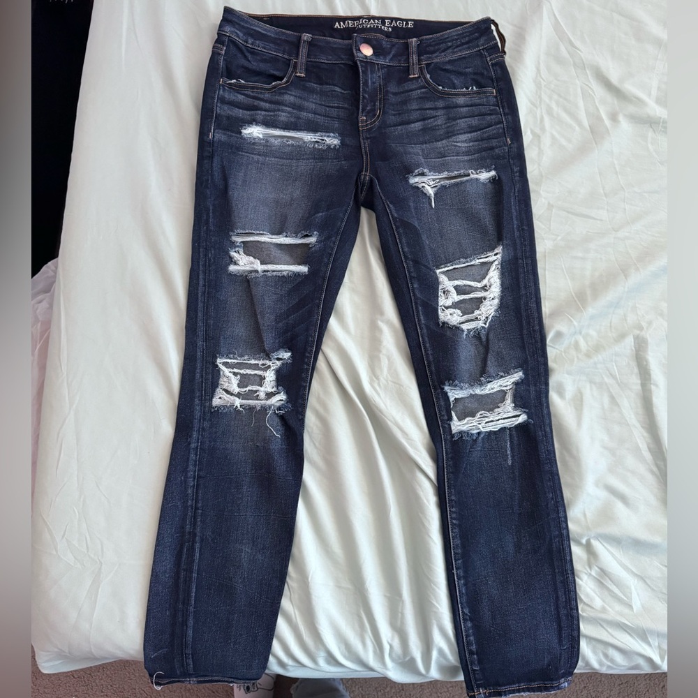 American Eagle Super Stretch X Dark Blue Distressed Super Low Jegging Size 10